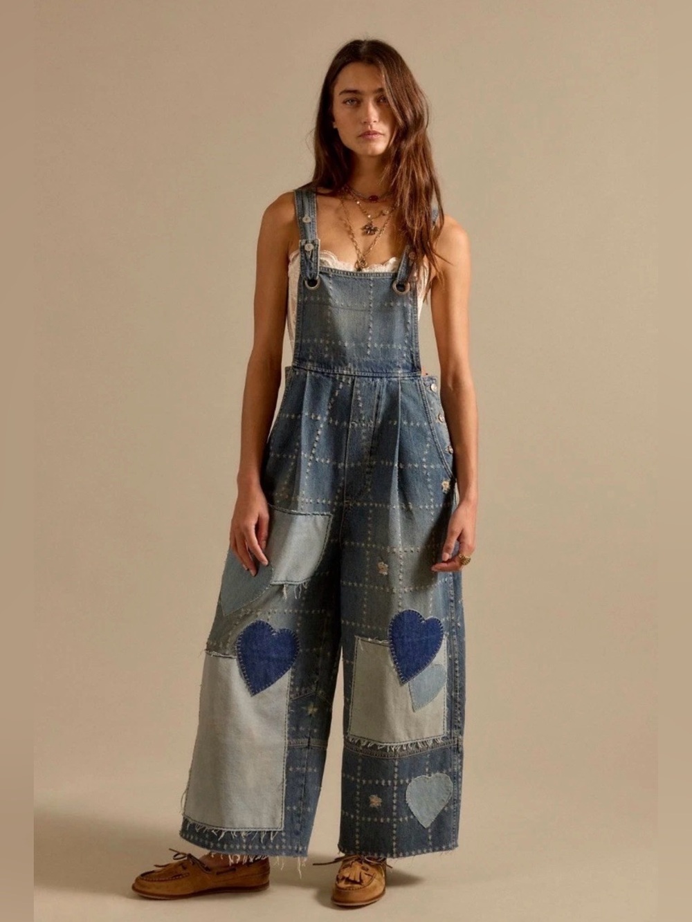 Free People We The Free Rambler Novelty Overalls Heart Appliques Denim